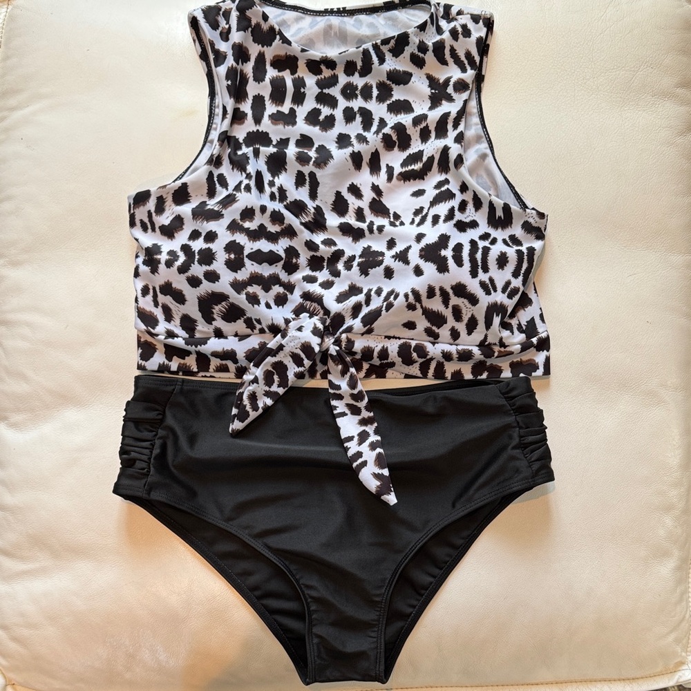 Leopard Bikini High Waisted Swimsuit Bathing Suit Tie Front Top Black White